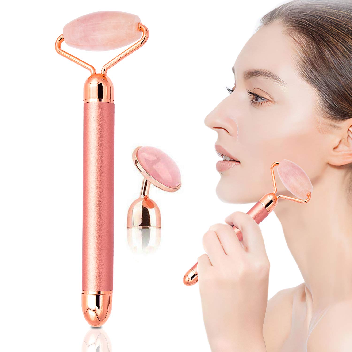 Electric Vibrating Natural Rose Quartz Jade Roller - GearMeeUp