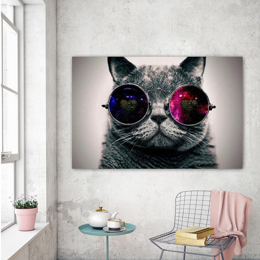 Pop Art Creative Animals Canvas Oil Paintings Galaxy Glasses Cat Posters and Prints Wall Pictures for Bedroom Home Decoration - GearMeeUp