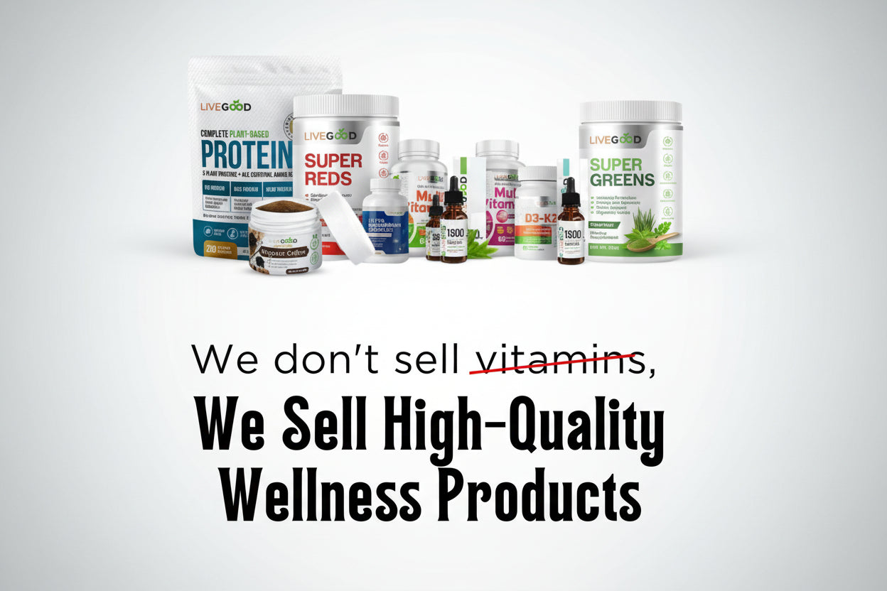 Assorted health and wellness products with text claiming to sell high-quality wellness products.