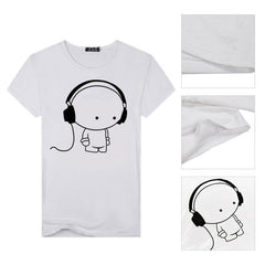 Men Short Sleeve T-Shirt Headphone Man Cartoon Pattern Print T-Shirt Fashion Casual Round Neck Slim Fit Top Male - GearMeeUp