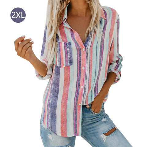 Shirt Autumn Winter Fashionable Casual Multicolor Striped Button-up Cuffed Sleeve Loose Shirt Womens Tops And Blouses - GearMeeUp