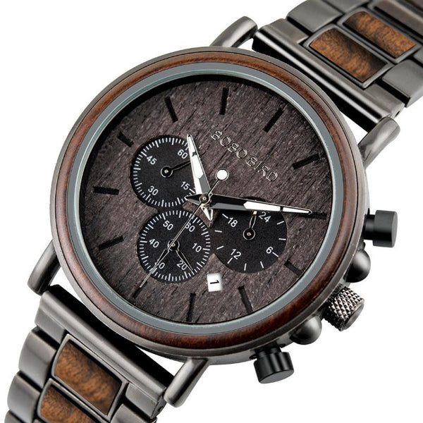 Classic Chronograph Wooden Stainless Steel Watch