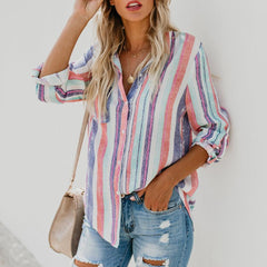 Shirt Autumn Winter Fashionable Casual Multicolor Striped Button-up Cuffed Sleeve Loose Shirt Womens Tops And Blouses - GearMeeUp