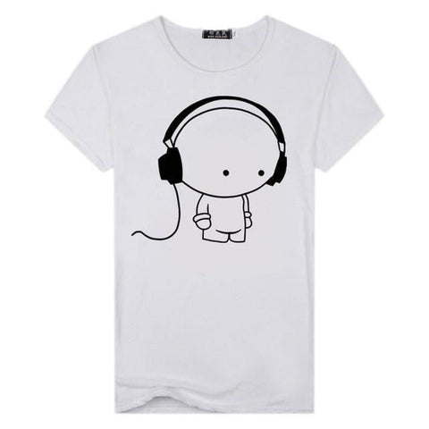 Men Short Sleeve T-Shirt Headphone Man Cartoon Pattern Print T-Shirt Fashion Casual Round Neck Slim Fit Top Male - GearMeeUp