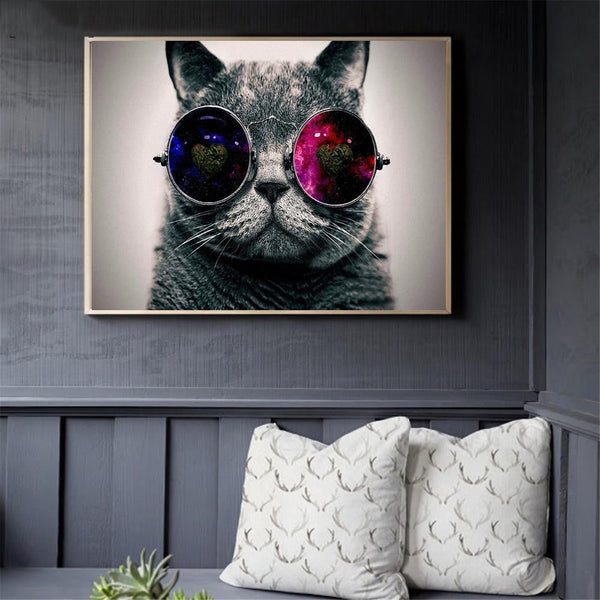 Pop Art Creative Animals Canvas Oil Paintings Galaxy Glasses Cat Posters and Prints Wall Pictures for Bedroom Home Decoration