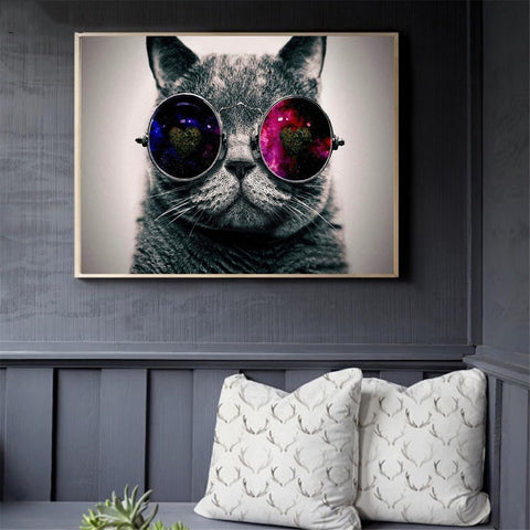 Pop Art Creative Animals Canvas Oil Paintings Galaxy Glasses Cat Posters and Prints Wall Pictures for Bedroom Home Decoration - GearMeeUp