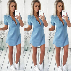 Summer Fashion Women Ladies Short Sleeve Loose Slim Summer Blue Denim Casual Mini Dress - GearMeeUp